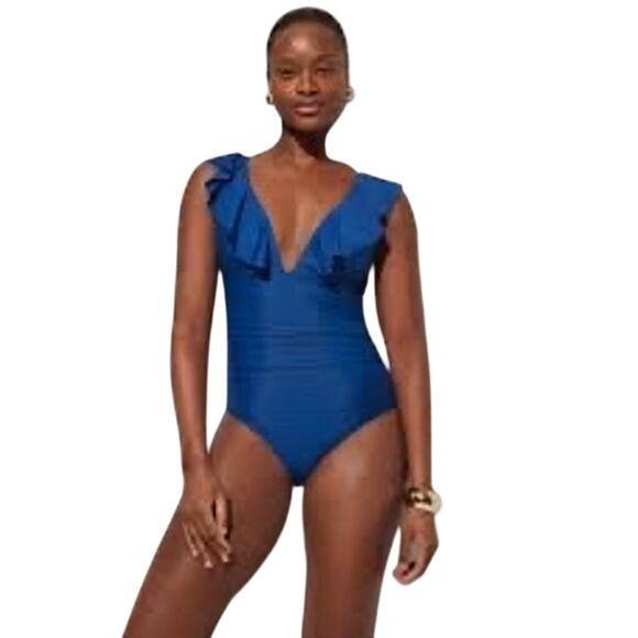 NWT J.Crew Blue Ruched Ruffle V-Neck One Piece Swimsuit Women’s 24 - Picture 1 of 6